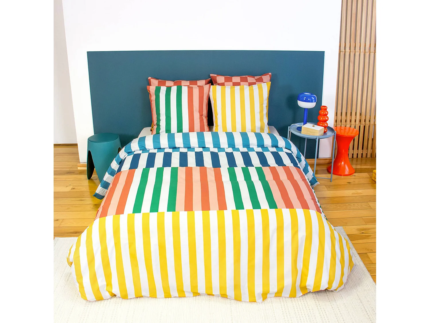 Parure de lit coton motifs rayures multicolore 2 places 240 x 220cm - Aura