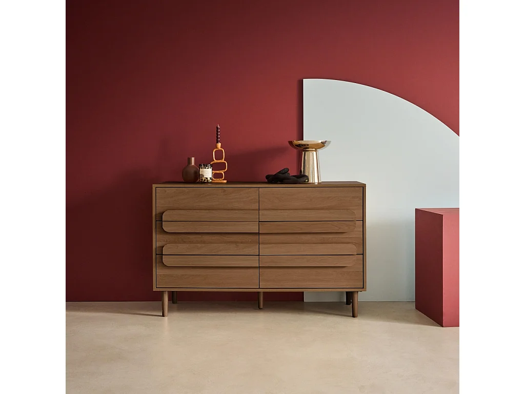 Commode vintage décor bois de noyer 6 tiroirs - L 120 x P 40 x H 75cm - Juliana