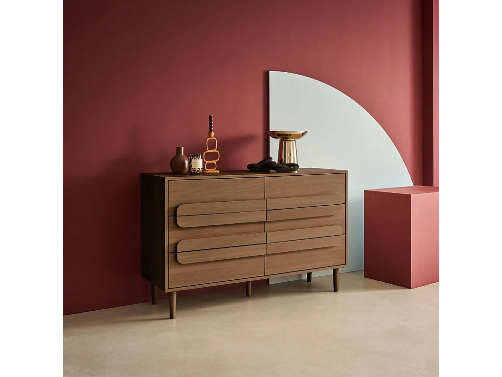 Commode vintage décor bois de noyer 6 tiroirs - L 120 x P 40 x H 75cm - Juliana