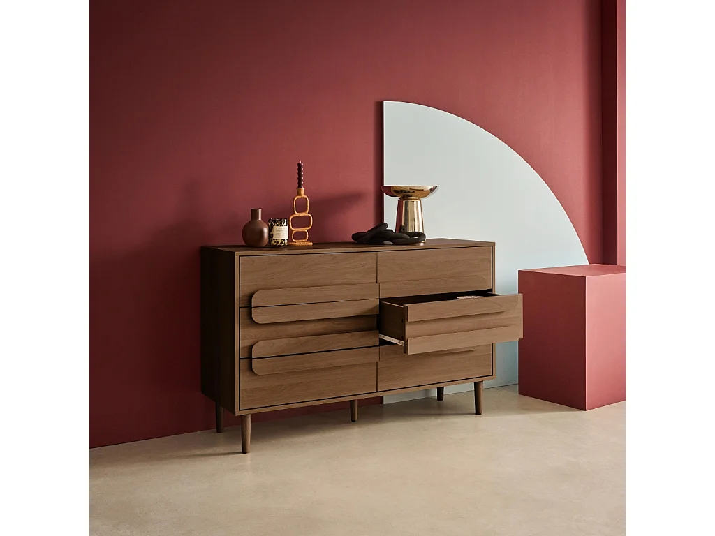 Commode vintage décor bois de noyer 6 tiroirs - L 120 x P 40 x H 75cm - Juliana
