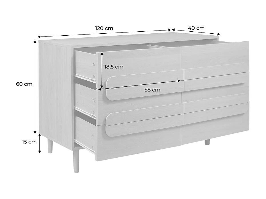 Commode vintage décor bois de noyer 6 tiroirs - L 120 x P 40 x H 75cm - Juliana