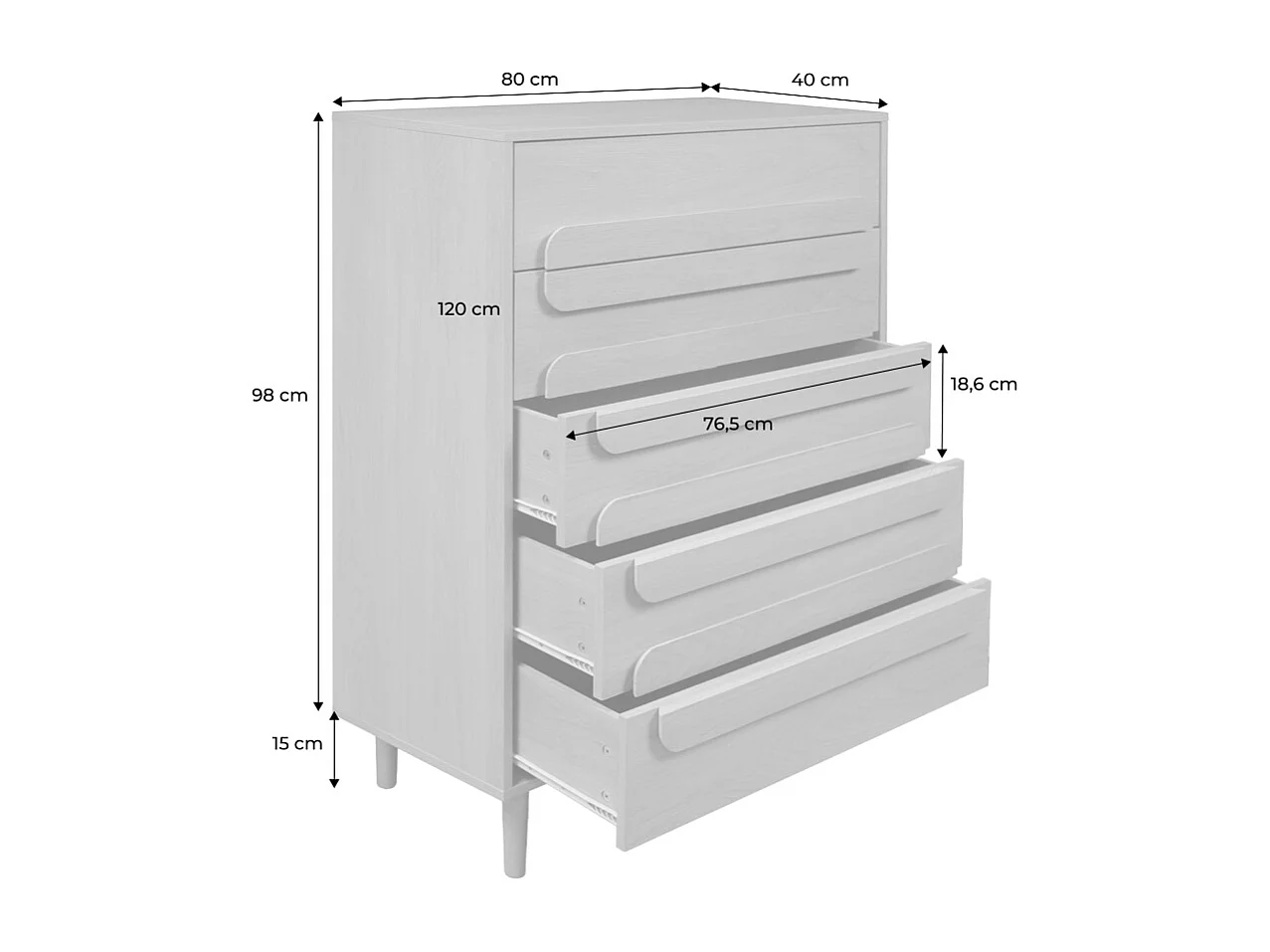 Cassettiera vintage effetto legno 5 cassetti, quercia