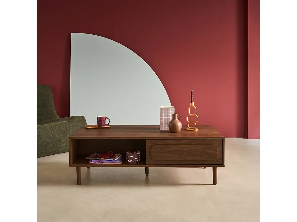 Table basse vintage décor bois de noyer 1 tiroir 2 niches 120cm - Juliana