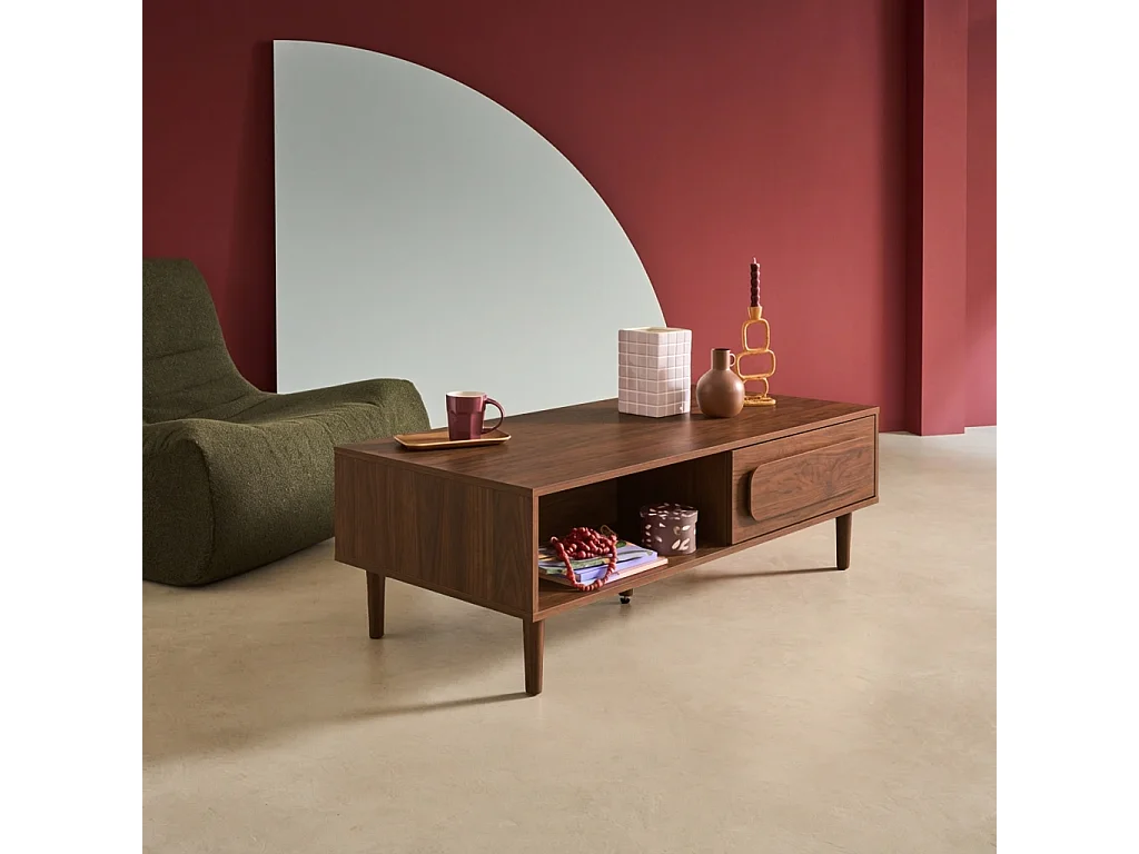 Table basse vintage décor bois de noyer 1 tiroir 2 niches 120cm - Juliana