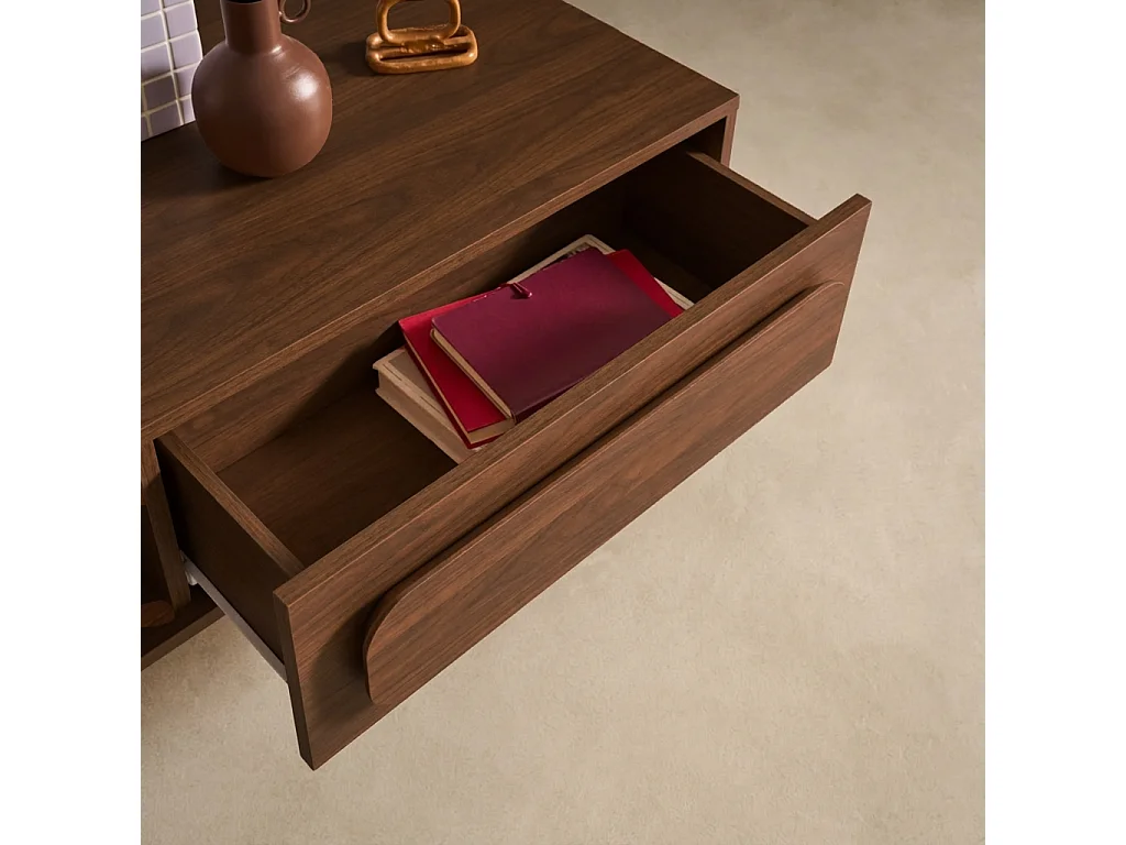 Table basse vintage décor bois de noyer 1 tiroir 2 niches 120cm - Juliana