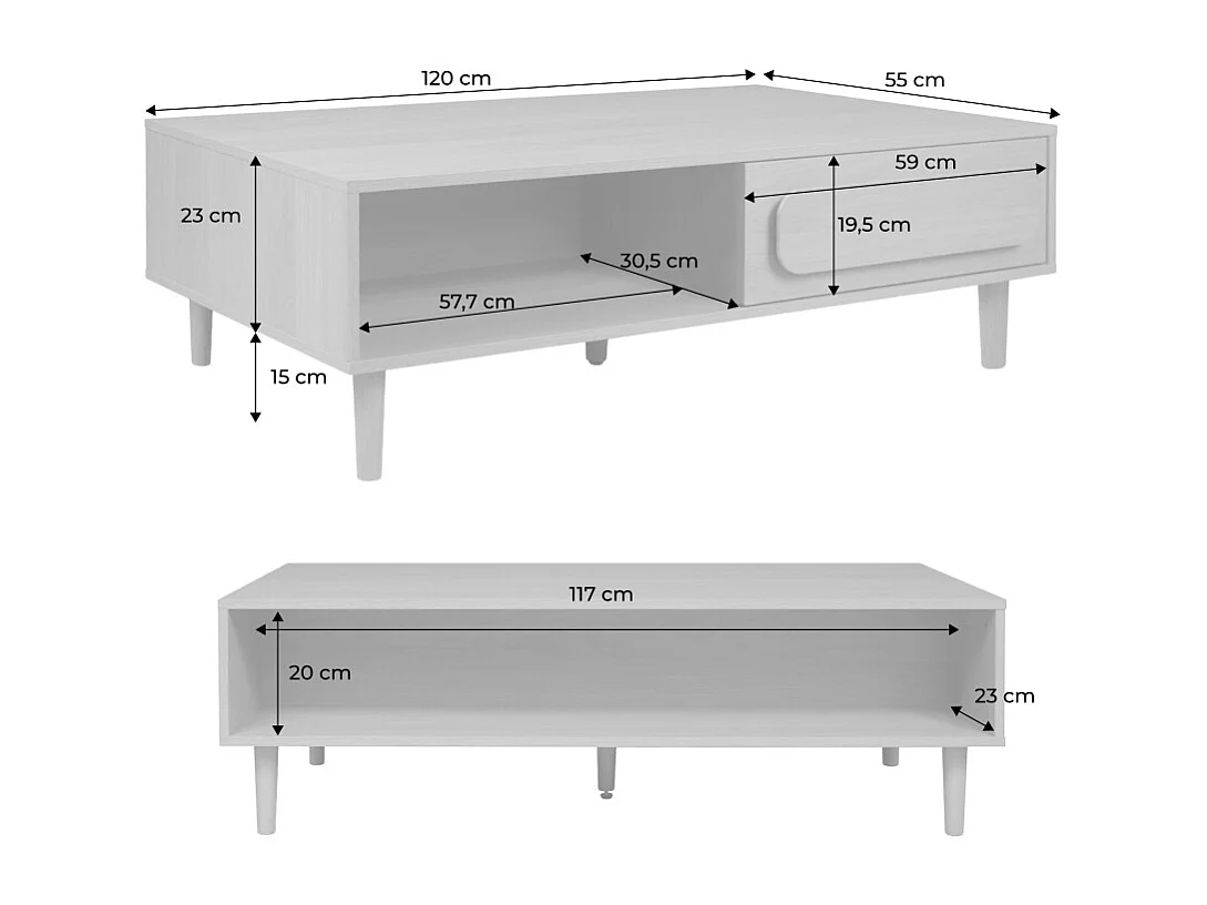 Table basse vintage décor bois de noyer 1 tiroir 2 niches 120cm - Juliana