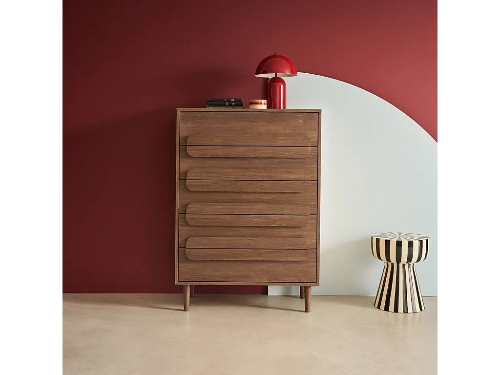 Commode vintage décor bois de noyer 5 tiroirs - L 80 x P 40 x H 113cm - Juliana