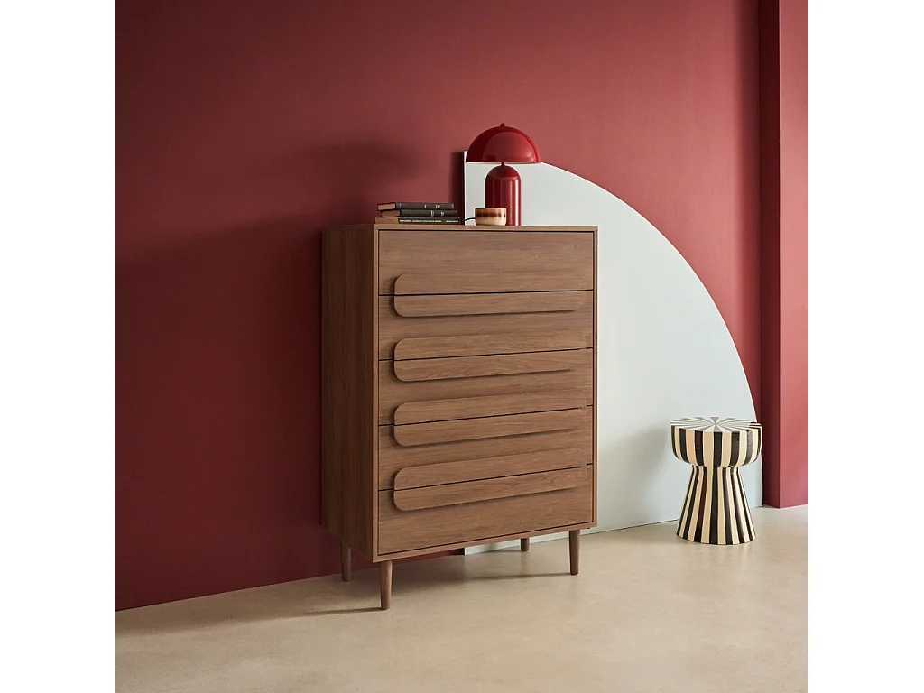 Commode vintage décor bois de noyer 5 tiroirs - L 80 x P 40 x H 113cm - Juliana