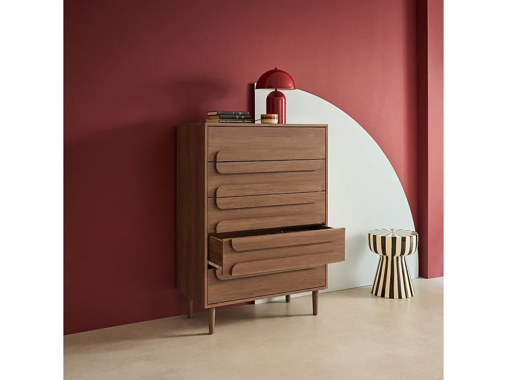 Commode vintage décor bois de noyer 5 tiroirs - L 80 x P 40 x H 113cm - Juliana