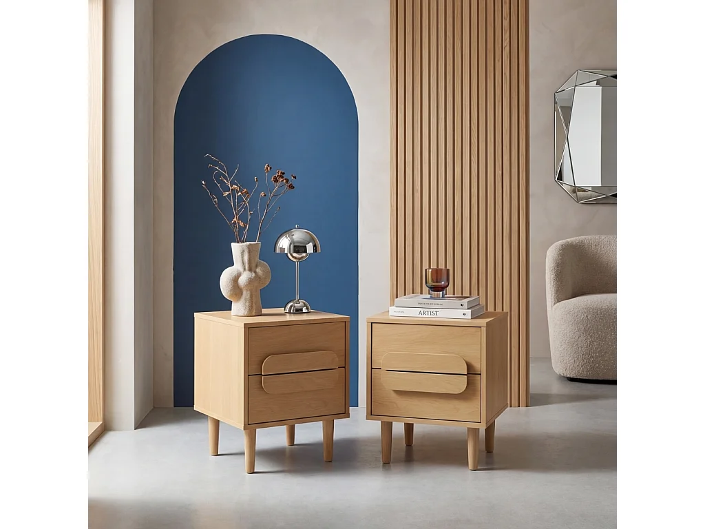 Mesita de noche vintage efecto madera con 2 cajones, set de 2 roble
