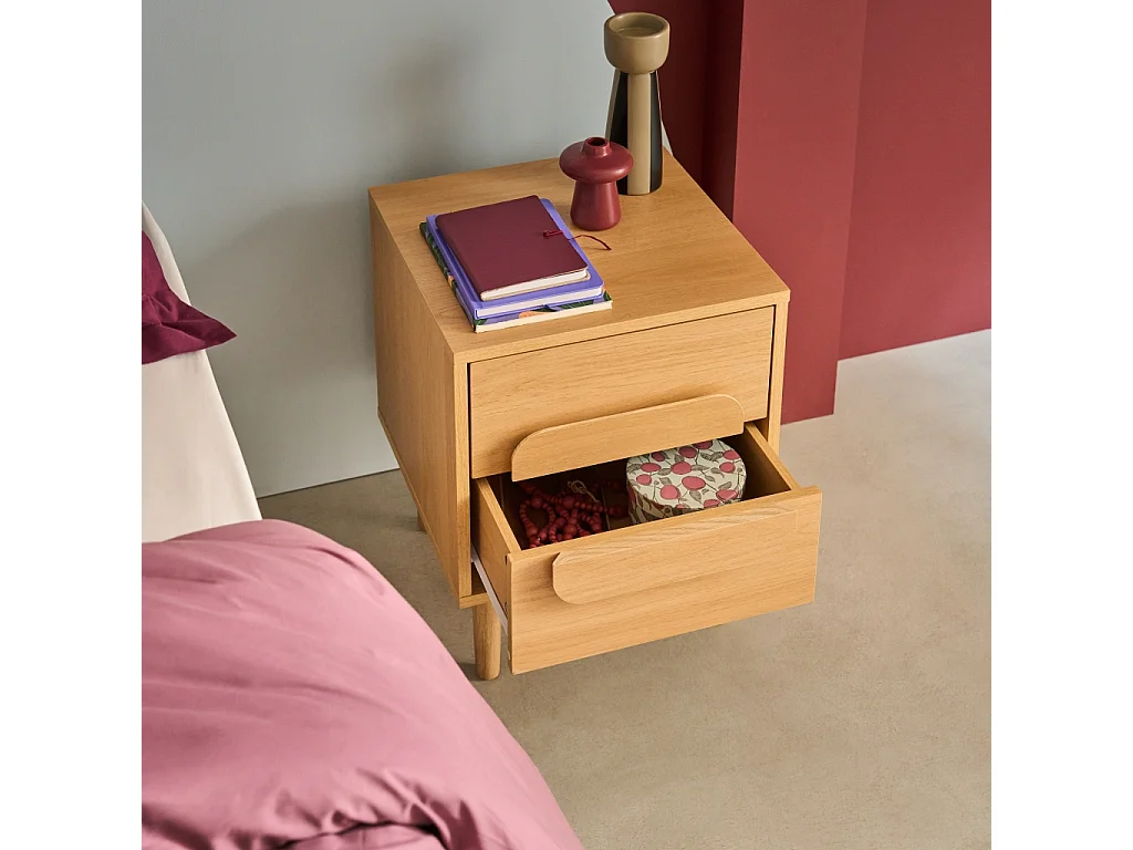 Set 2 comodini vintage in effetto legno, 2 cassetti, Juliana, Quercia, 40x40x50 cm