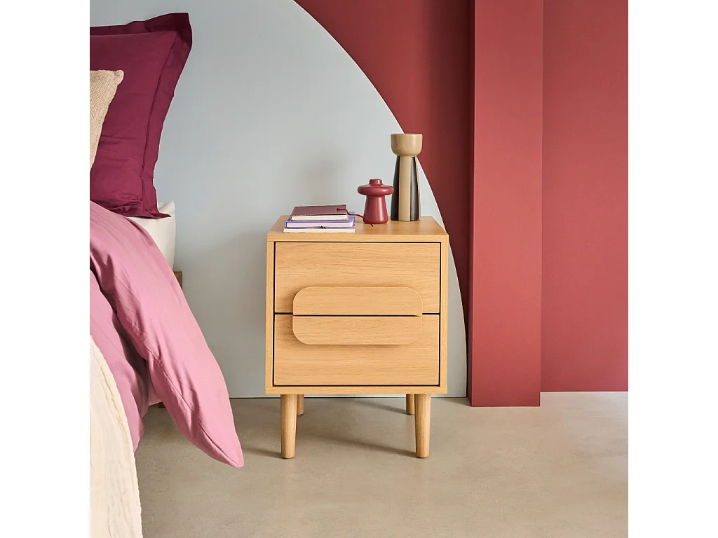 Set 2 comodini vintage in effetto legno, 2 cassetti, Juliana, Quercia, 40x40x50 cm