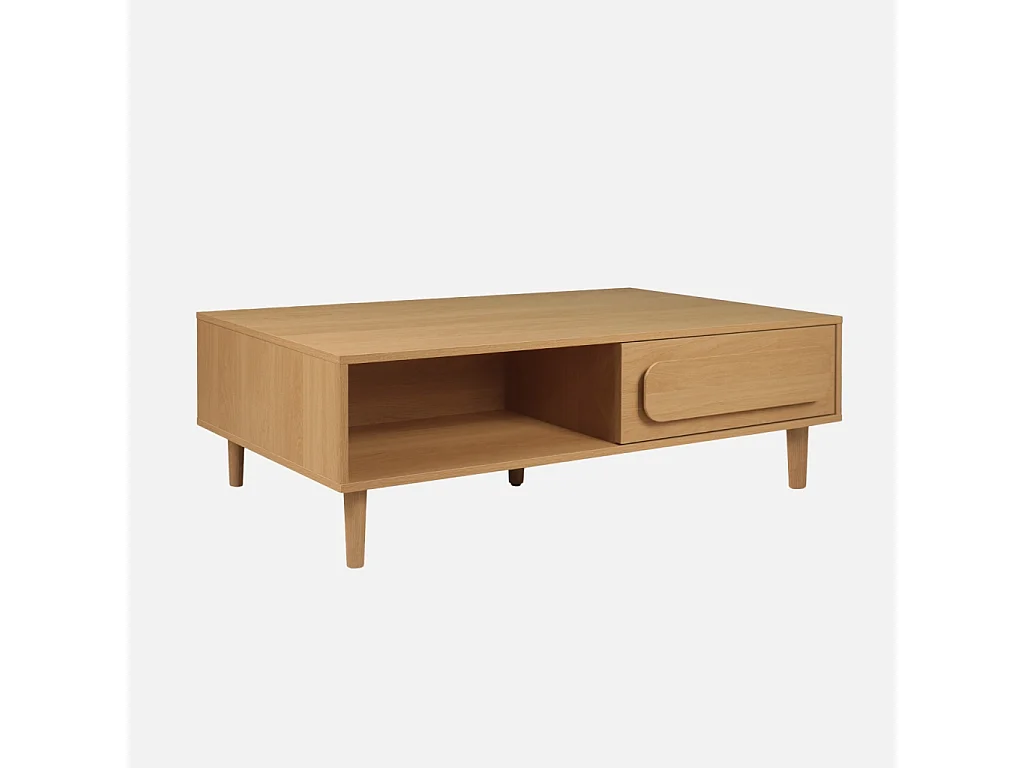 Table basse vintage décor bois de chêne 1 tiroir 2 niches 120cm - Juliana