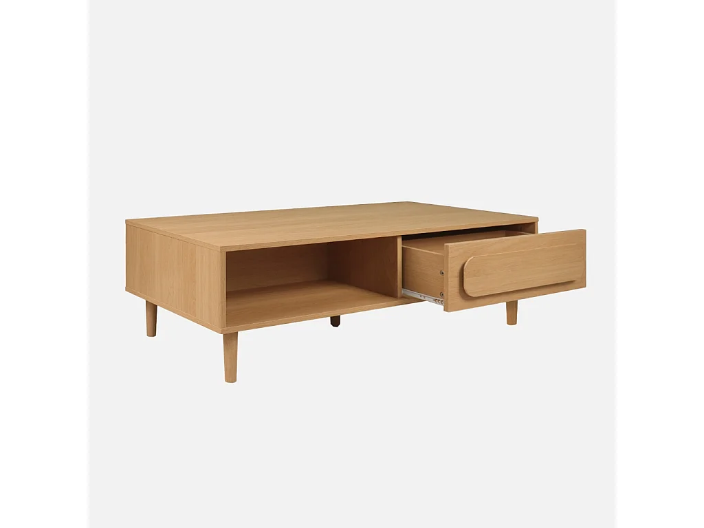 Table basse vintage décor bois de chêne 1 tiroir 2 niches 120cm - Juliana