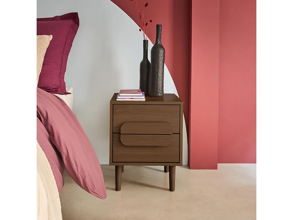 Mesita de noche vintage efecto madera con 2 cajones, set de 2 nogal