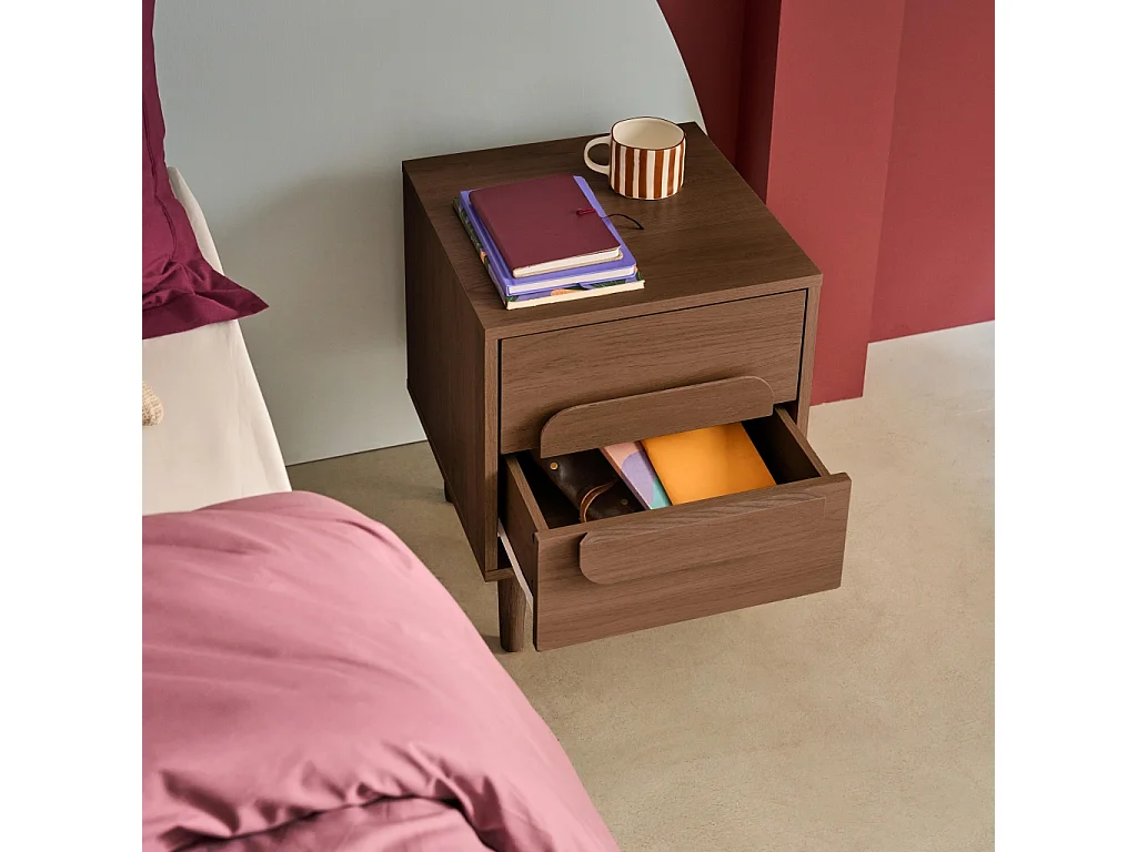 Mesita de noche vintage efecto madera con 2 cajones, set de 2 nogal