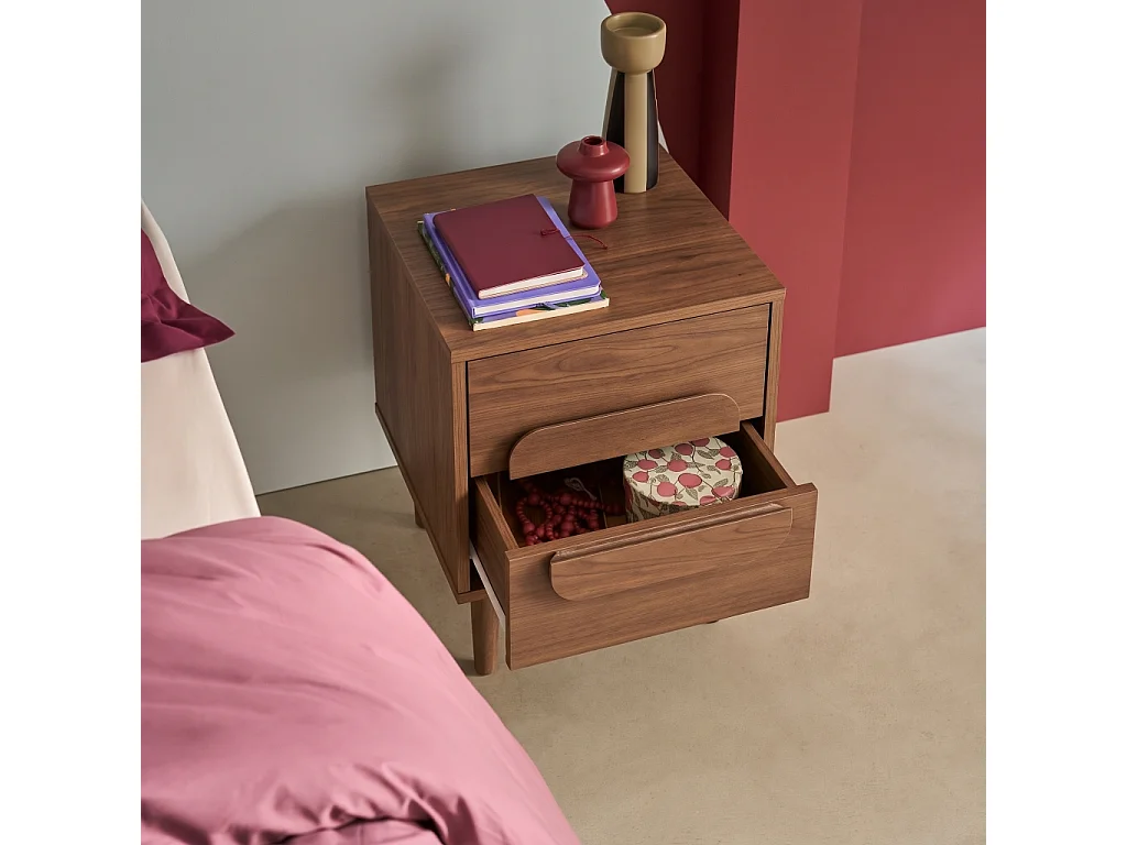 Mesita de noche vintage efecto madera con 2 cajones, set de 2, Nogal