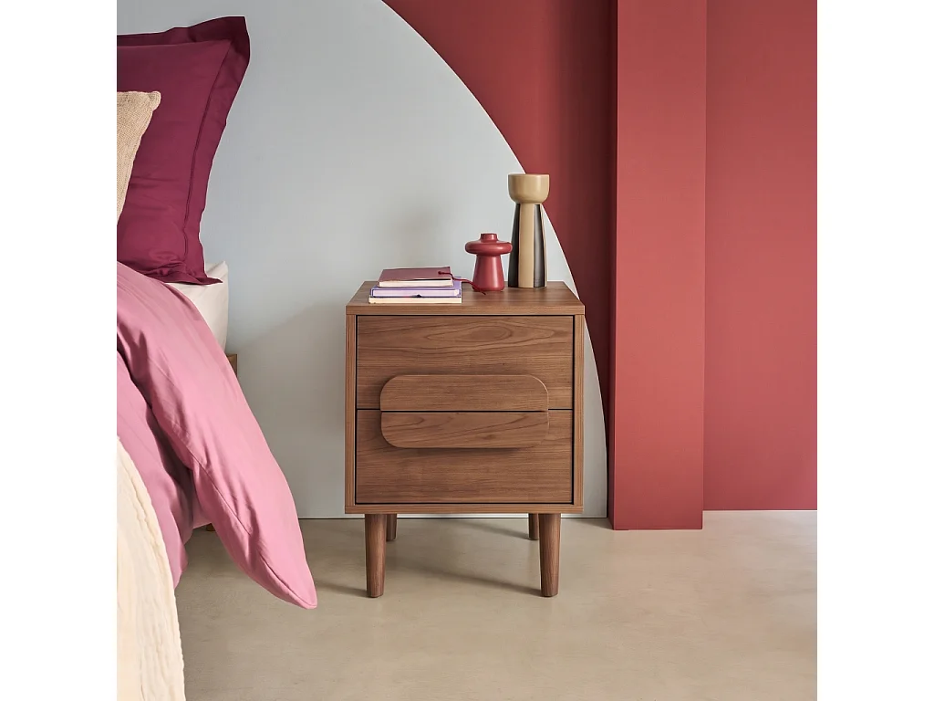 Mesita de noche vintage efecto madera con 2 cajones, set de 2, Nogal