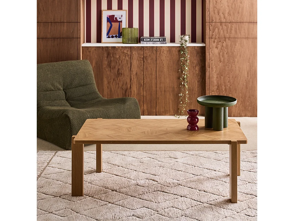 Table basse vintage rectangulaire décor bois plateau effet chevrons 120 cm - Zala