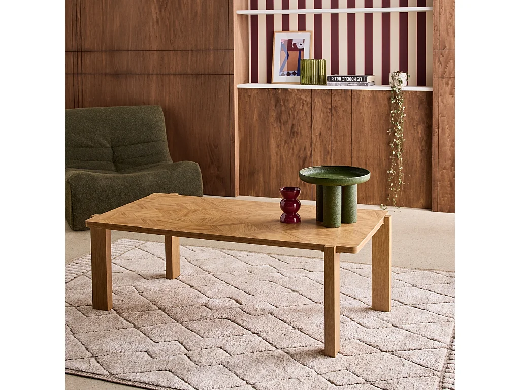 Table basse vintage rectangulaire décor bois plateau effet chevrons 120 cm - Zala