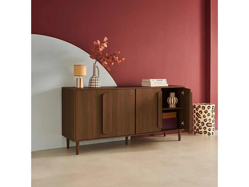 Credenza vintage effetto legno 4 ante, 160cm, noce