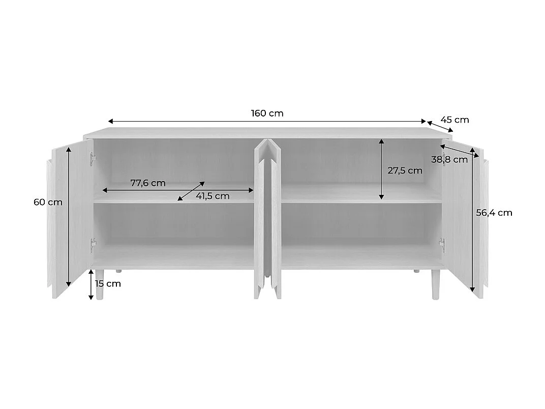 Credenza vintage effetto legno 4 ante, 160cm, noce