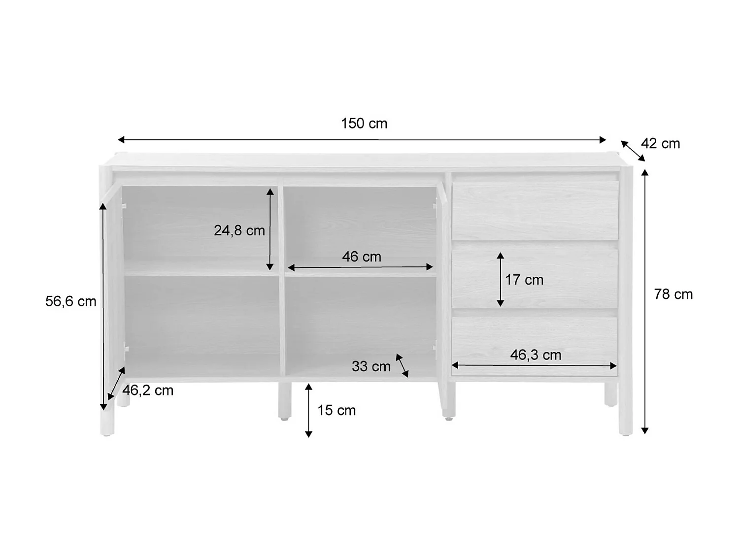 Buffet décor bois 2 portes 3 tiroirs 150cm naturel - 150 x 42 x 78.5 cm - Harmony