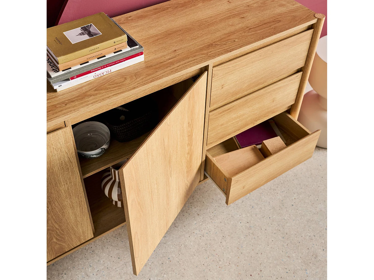Buffet décor bois 2 portes 3 tiroirs 150cm naturel - 150 x 42 x 78.5 cm - Harmony
