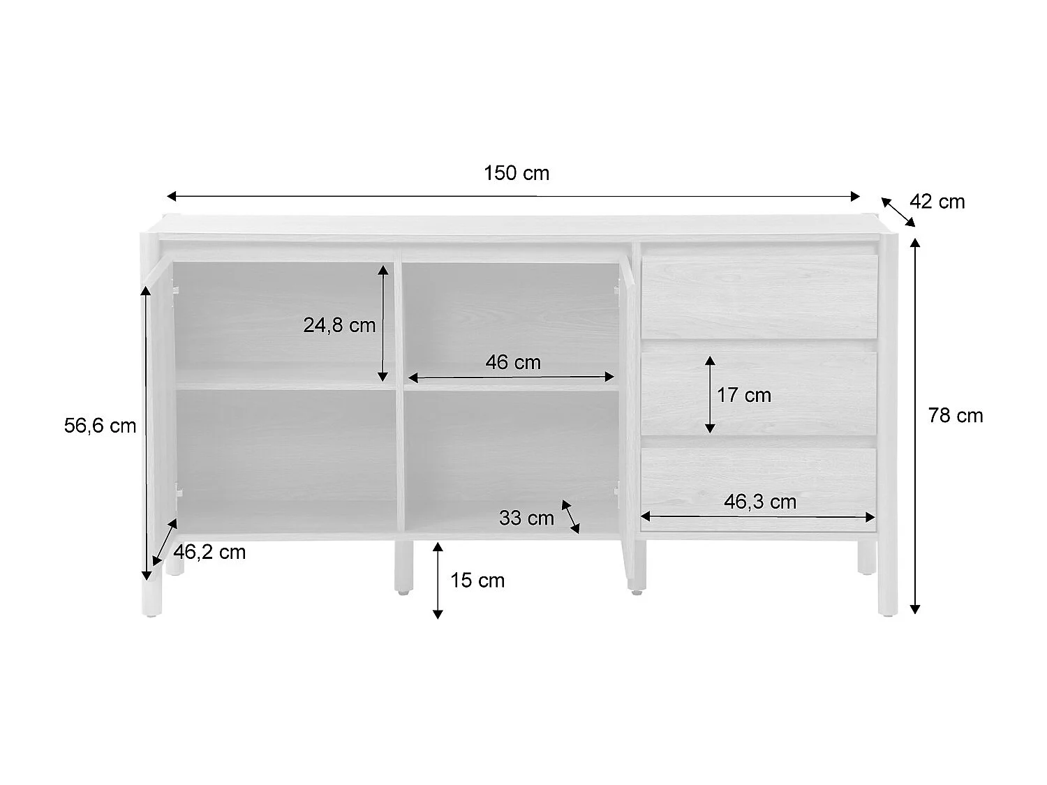 Buffet décor bois 2 portes 3 tiroirs 150cm naturel - 150 x 42 x 78.5 cm - Harmony