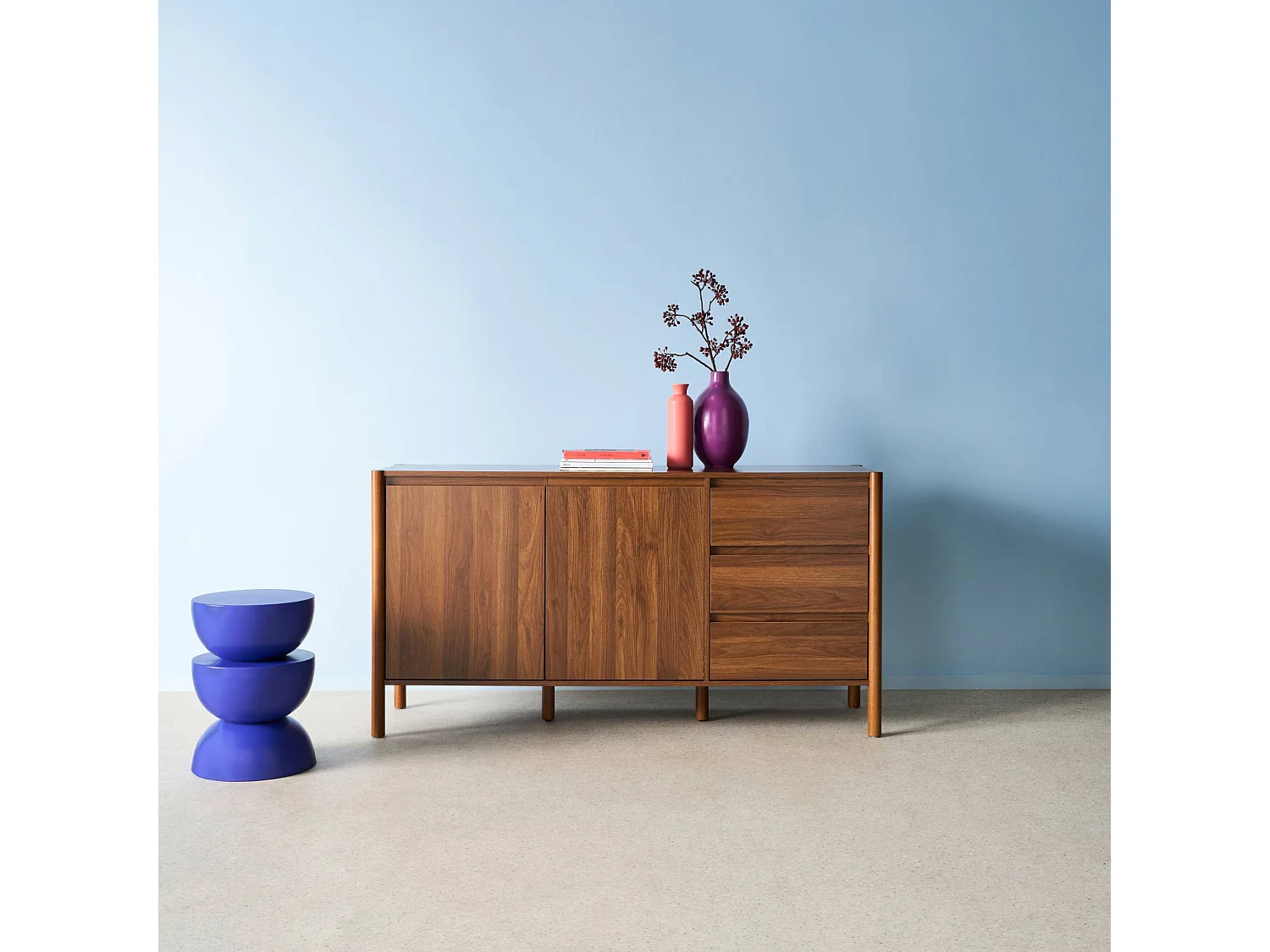 Credenza decorazione legno 2 ante 3 cassetti 150cm, noce