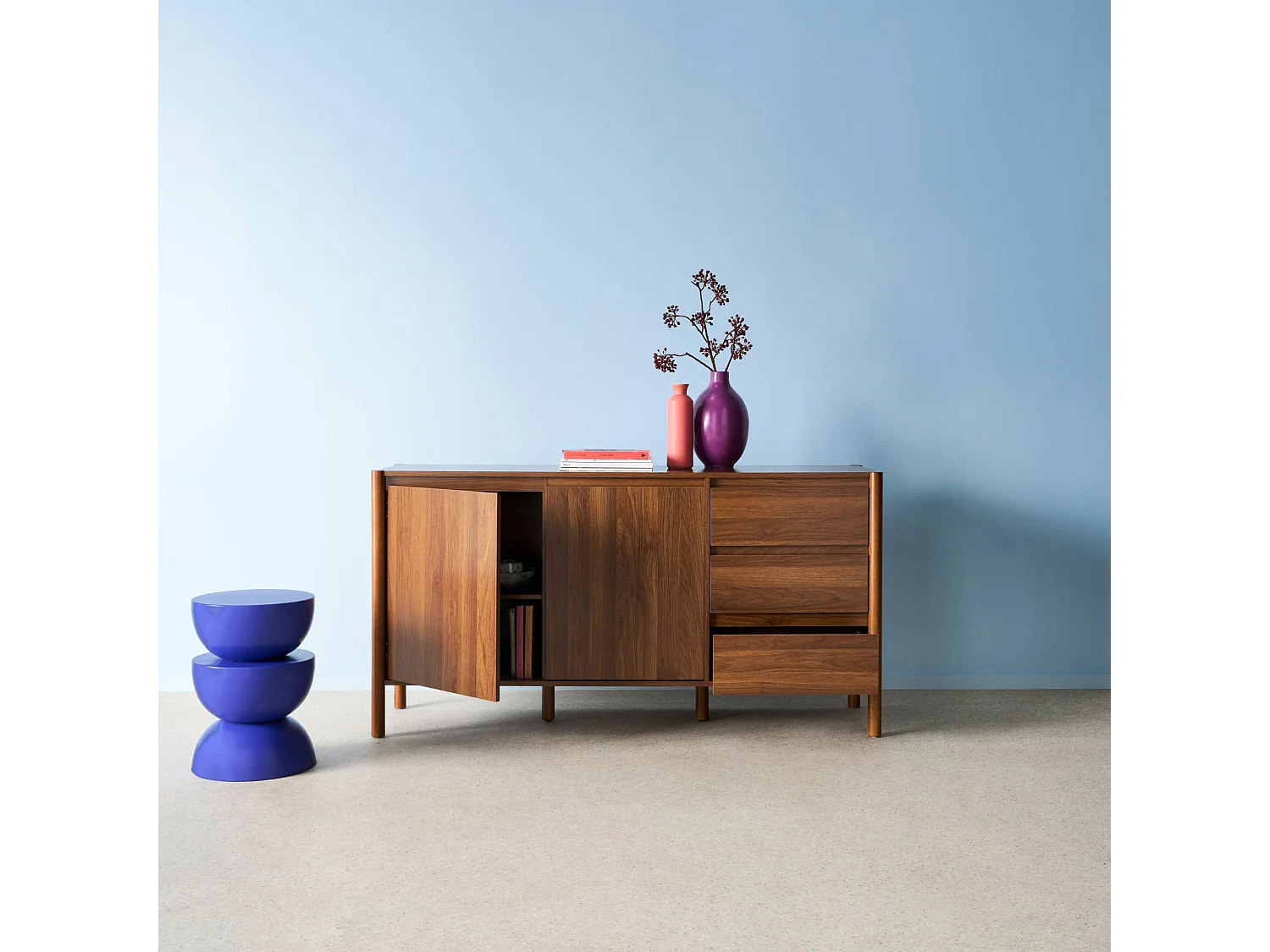 Credenza decorazione legno 2 ante 3 cassetti 150cm, noce