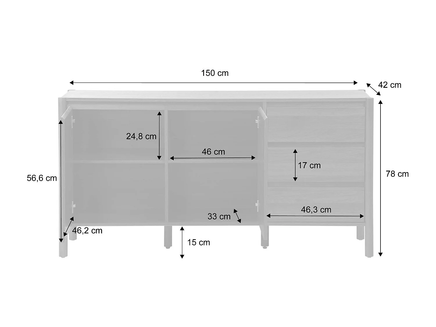 Credenza decorazione legno 2 ante 3 cassetti 150cm, noce