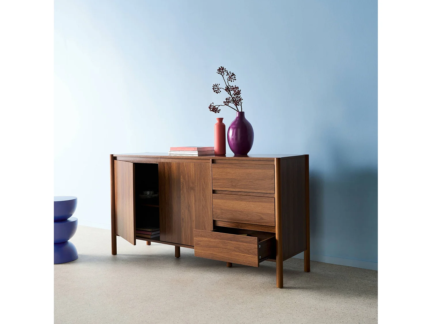 Credenza decorazione legno 2 ante 3 cassetti 150cm, noce