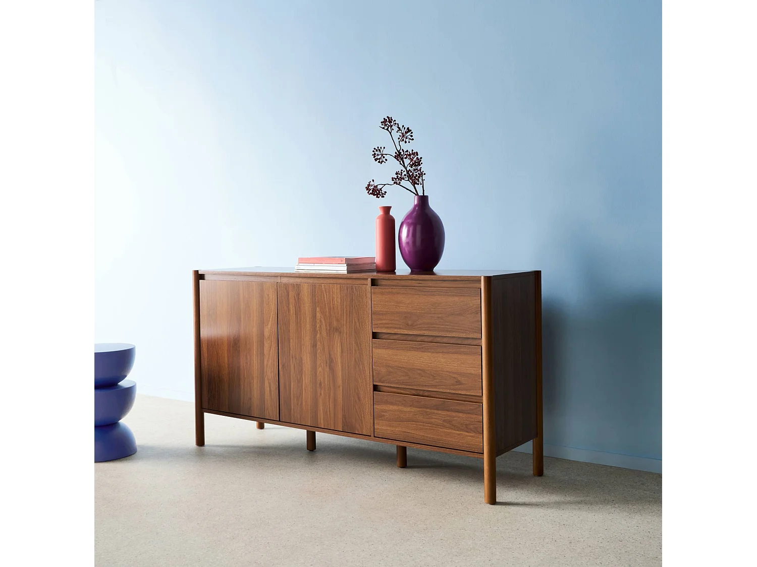 Credenza decorazione legno 2 ante 3 cassetti 150cm, noce