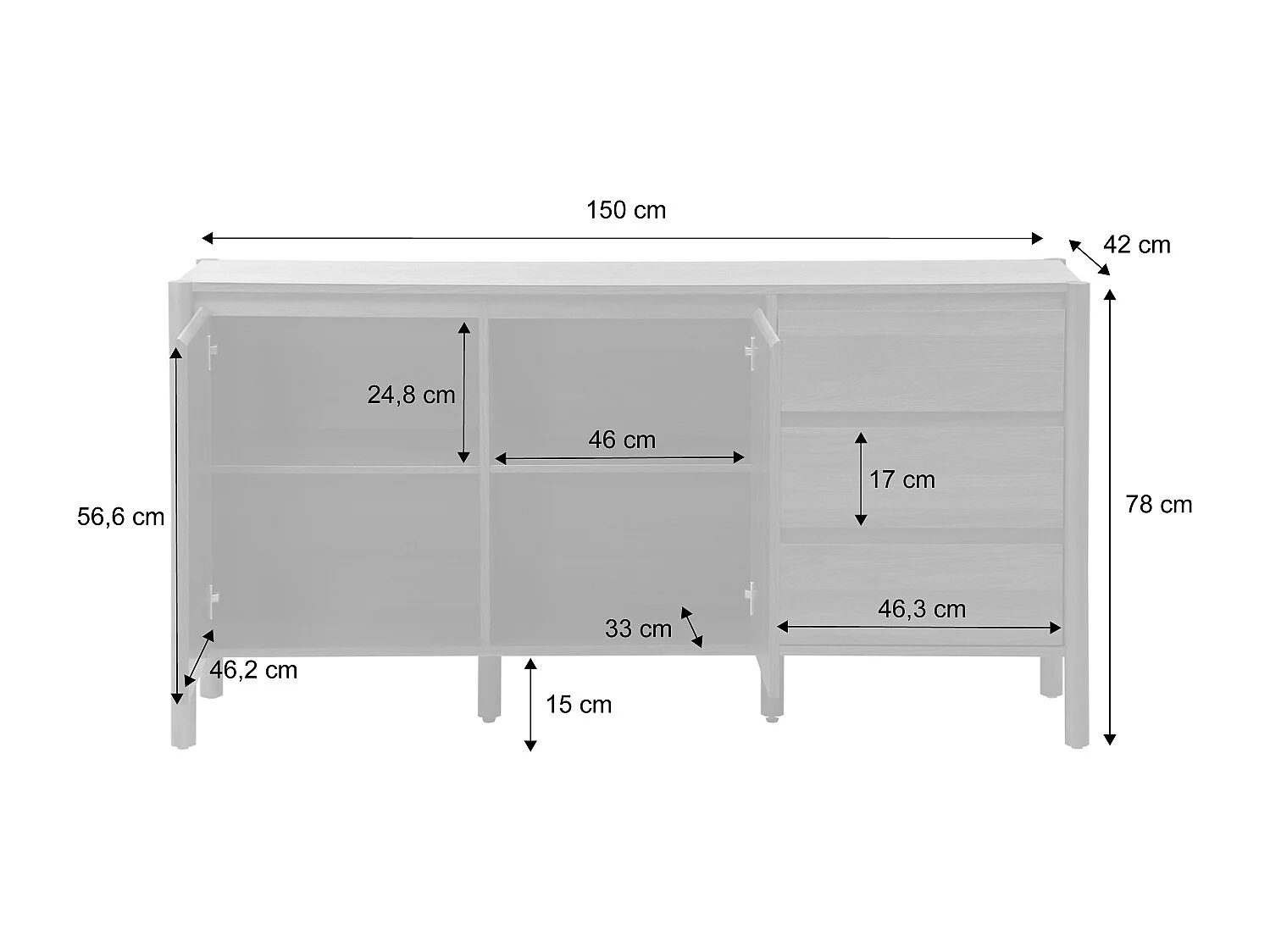 Credenza decorazione legno 2 ante 3 cassetti 150cm, noce