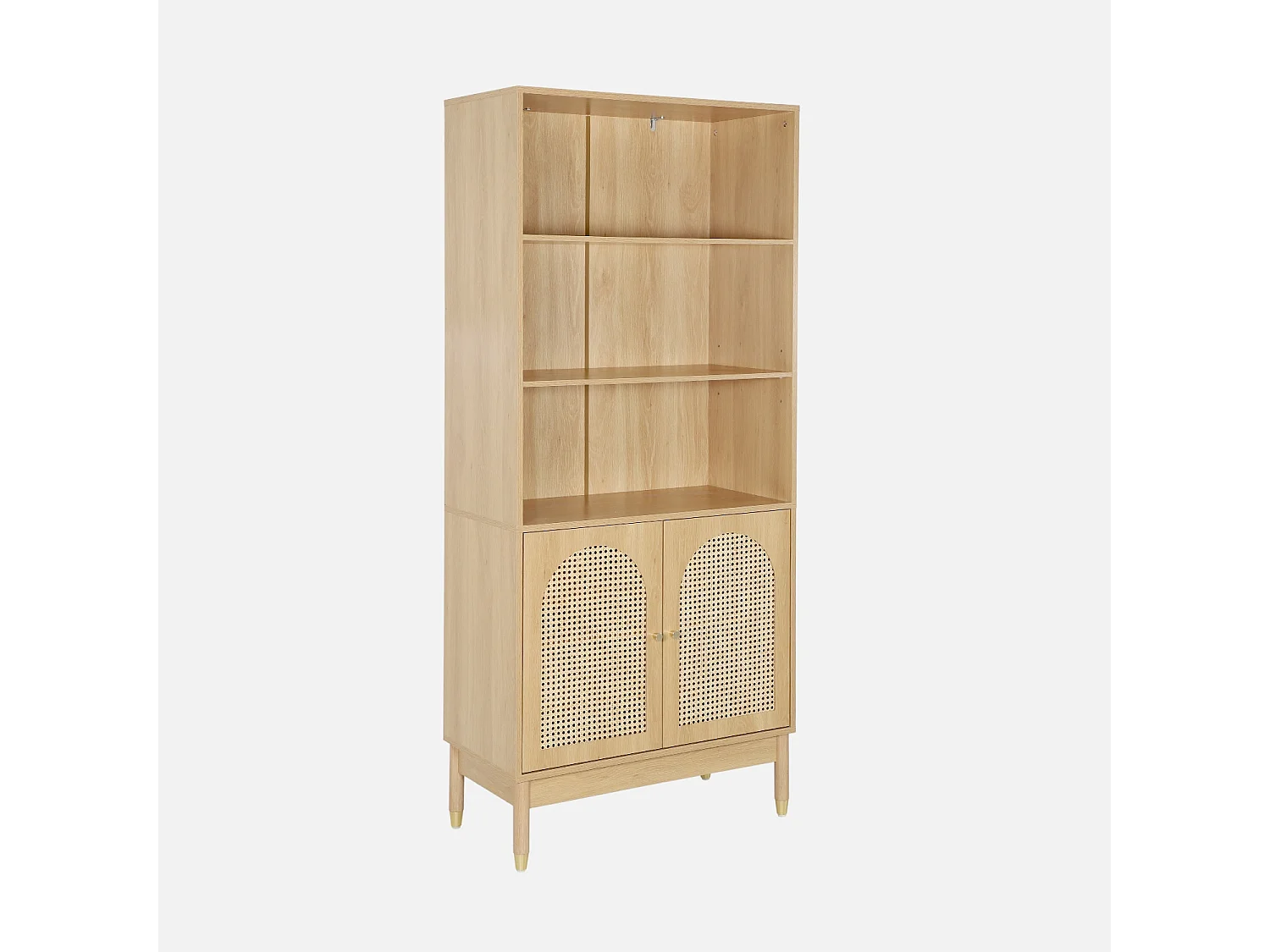 Etagère bibliothèque décor bois et cannage 4 niveaux 2 portes teinte naturelle - 80 x 40 x 178 cm - Judith