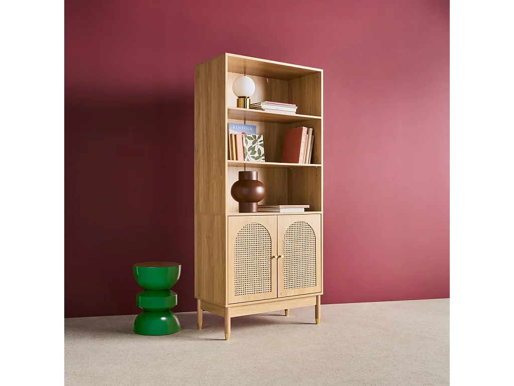 Etagère bibliothèque décor bois et cannage 4 niveaux 2 portes teinte naturelle - 80 x 40 x 178 cm - Judith