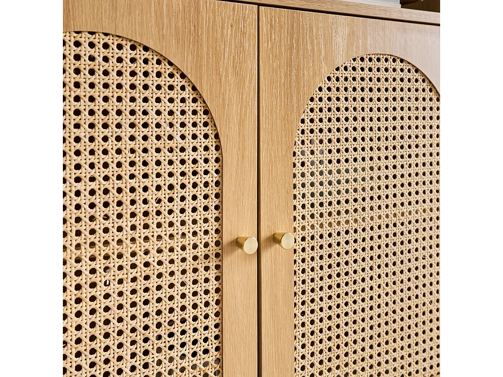 Etagère bibliothèque décor bois et cannage 4 niveaux 2 portes teinte naturelle - 80 x 40 x 178 cm - Judith