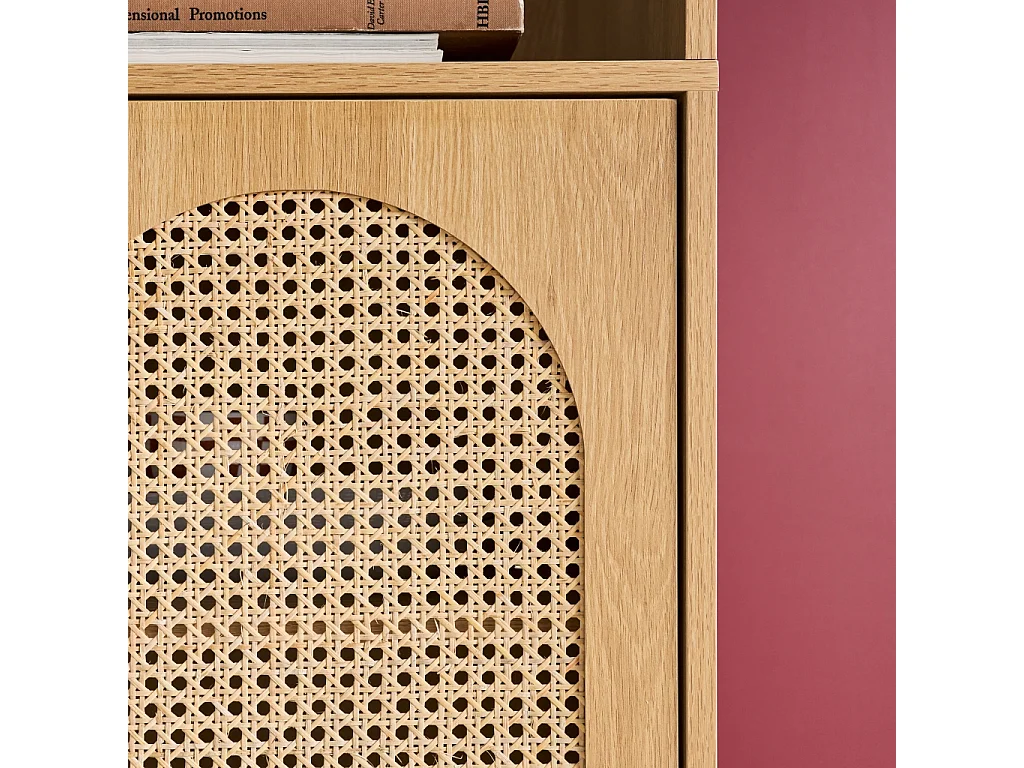 Etagère bibliothèque décor bois et cannage 4 niveaux 2 portes teinte naturelle - 80 x 40 x 178 cm - Judith