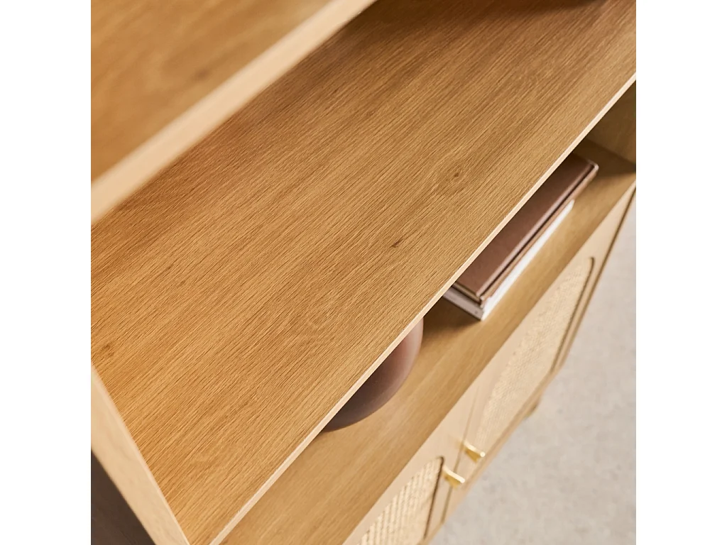 Etagère bibliothèque décor bois et cannage 4 niveaux 2 portes teinte naturelle - 80 x 40 x 178 cm - Judith
