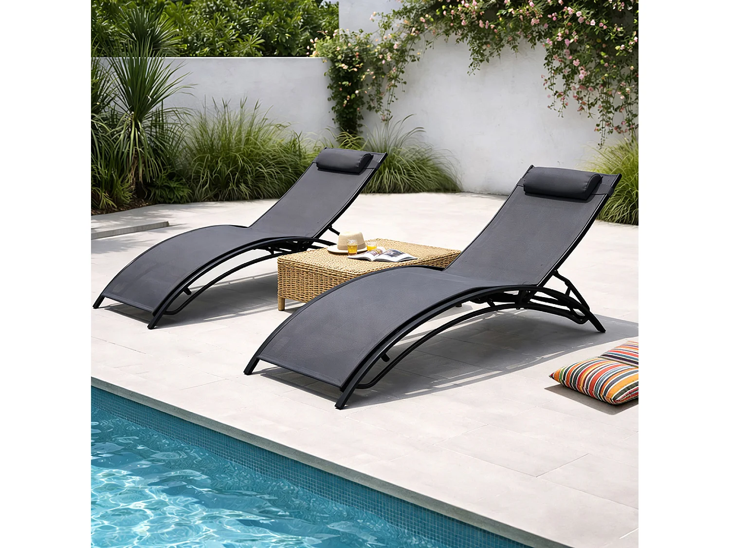 Lot de 2 transats ajustables noir et gris CALI