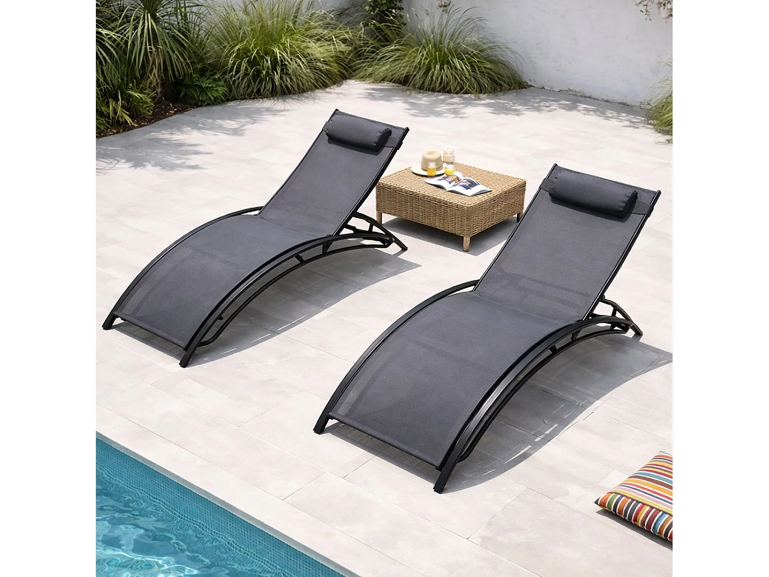 Lot de 2 transats ajustables noir et gris CALI