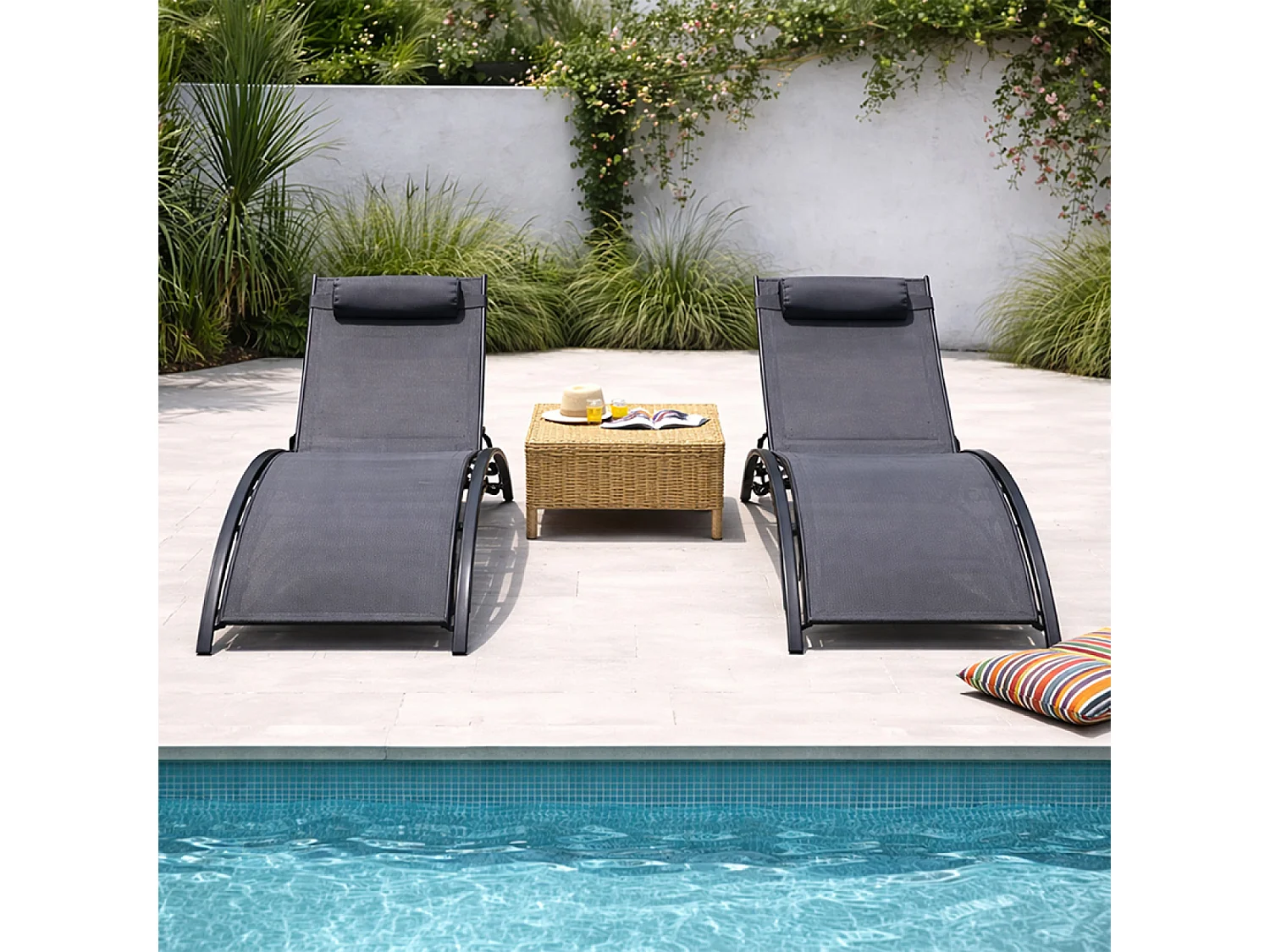 Lot de 2 transats ajustables noir et gris CALI