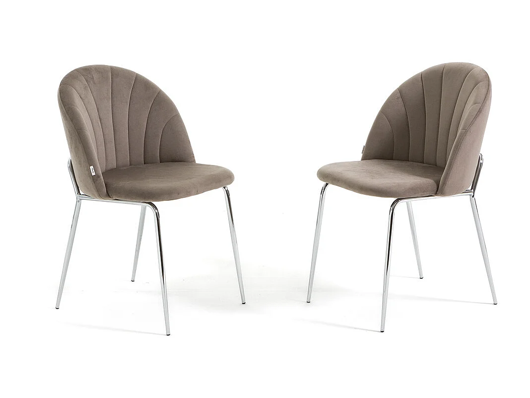Lot de 2 chaises en velours d’intérieur, rembourrées, pieds en métal, design élégant pour cuisine, salle à manger, restaurant – Taupe/Argent – Sonia