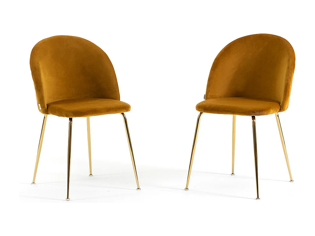 Lot de 2 chaises en velours avec pieds en métal, design élégant pour cuisine, salle à manger, bar ou restaurant – Sara – Moutarde/Or