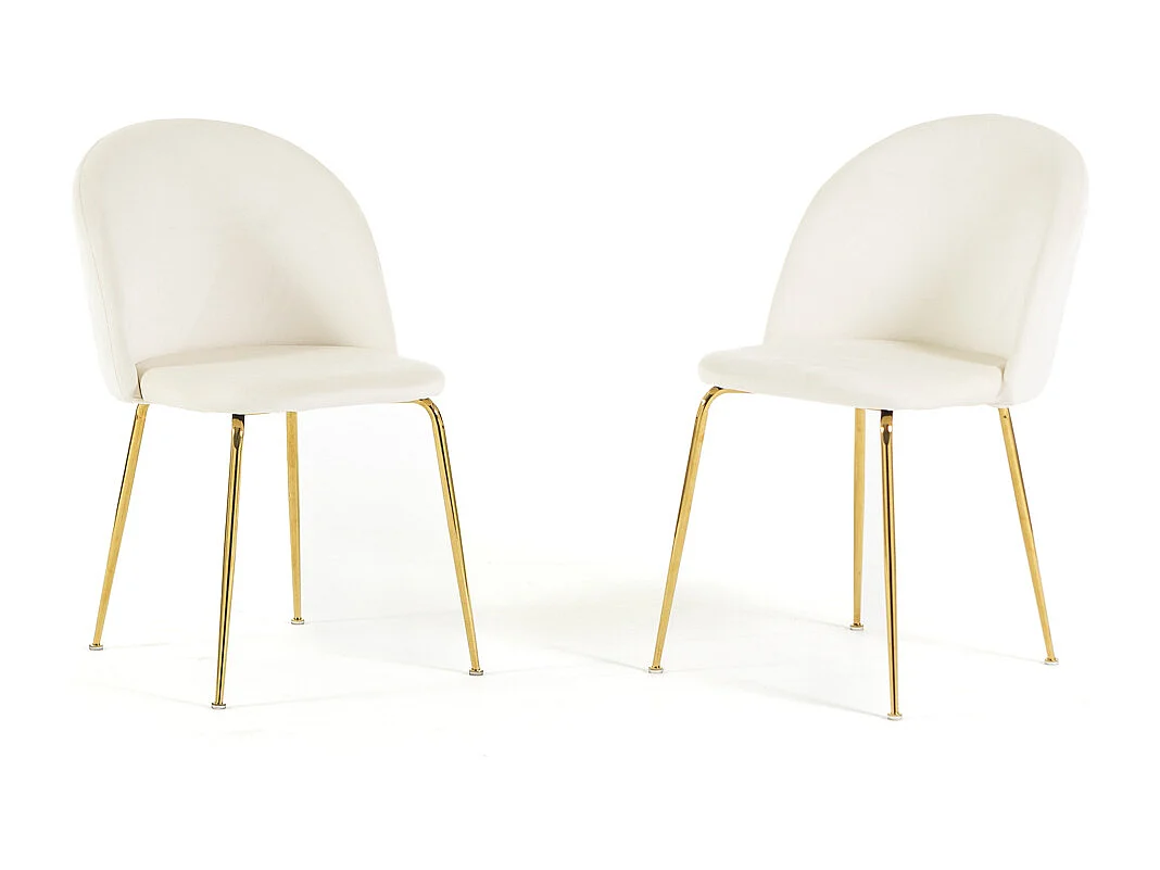 Lot de 2 chaises en velours avec pieds en métal, design élégant pour cuisine, salle à manger, bar ou restaurant – Sara – Blanc/Or