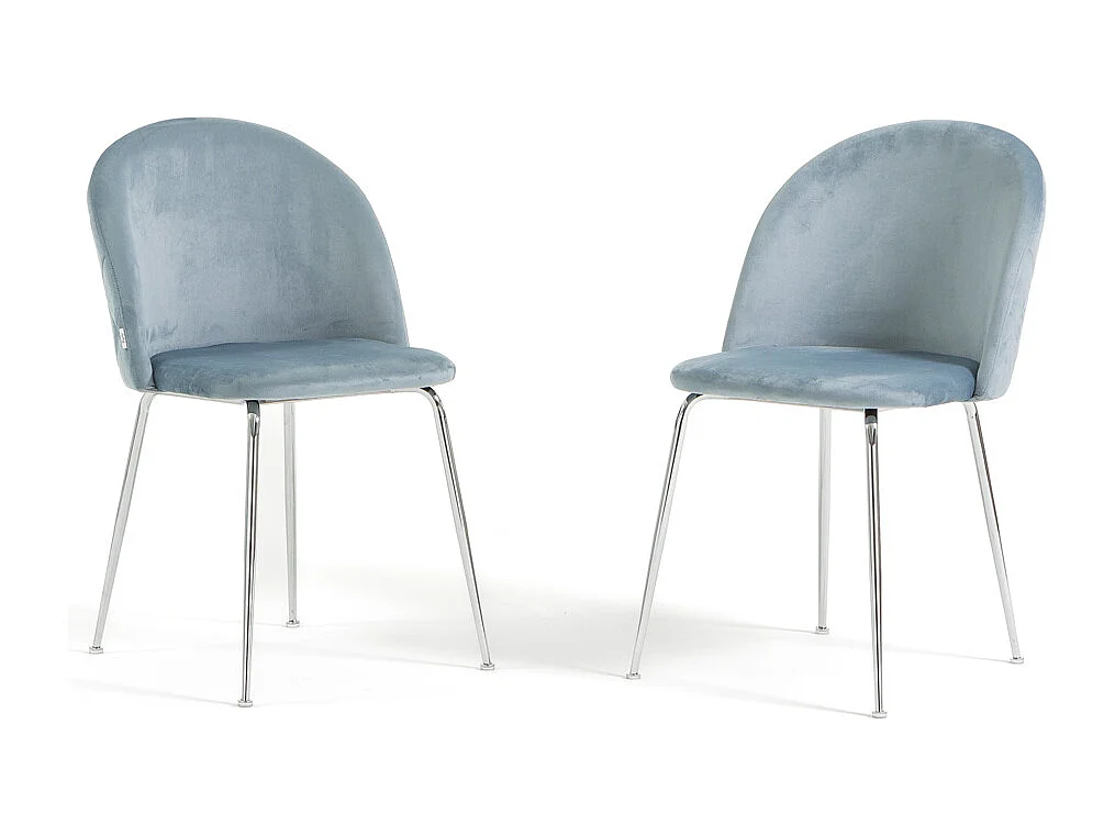 Lot de 2 chaises en velours avec pieds en métal, design élégant pour cuisine, salle à manger, bar ou restaurant – Sara – Bleu ciel/Argent
