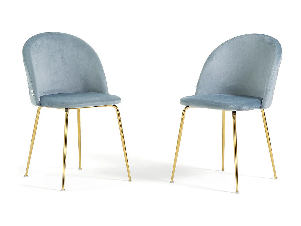Lot de 2 chaises en velours avec pieds en métal, design élégant pour cuisine, salle à manger, bar ou restaurant – Sara – Bleu ciel/Or