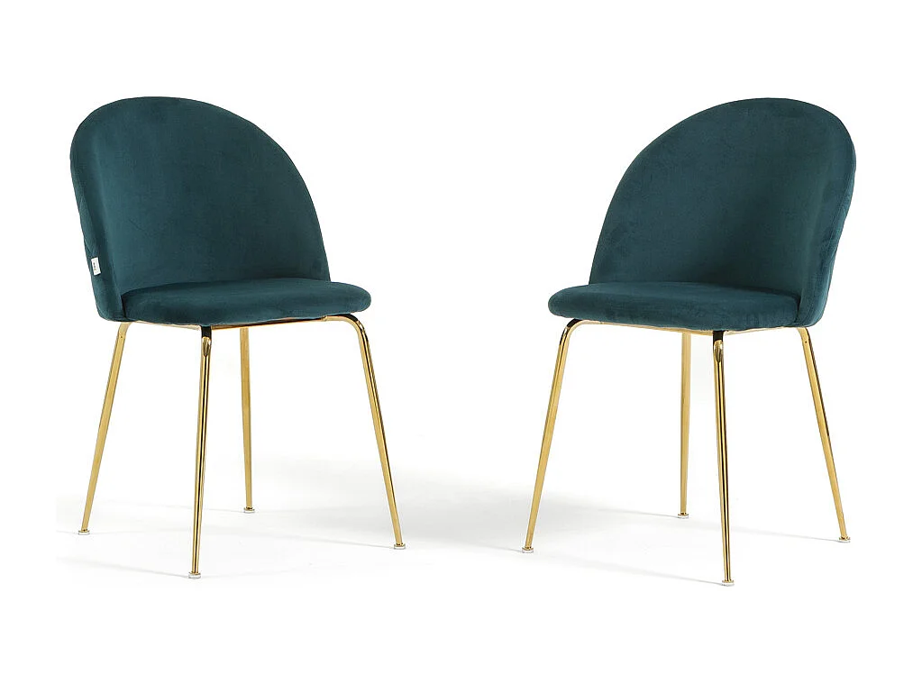 Lot de 2 chaises en velours avec pieds en métal, design élégant pour cuisine, salle à manger, bar ou restaurant – Sara – Bleu pétrole/Or