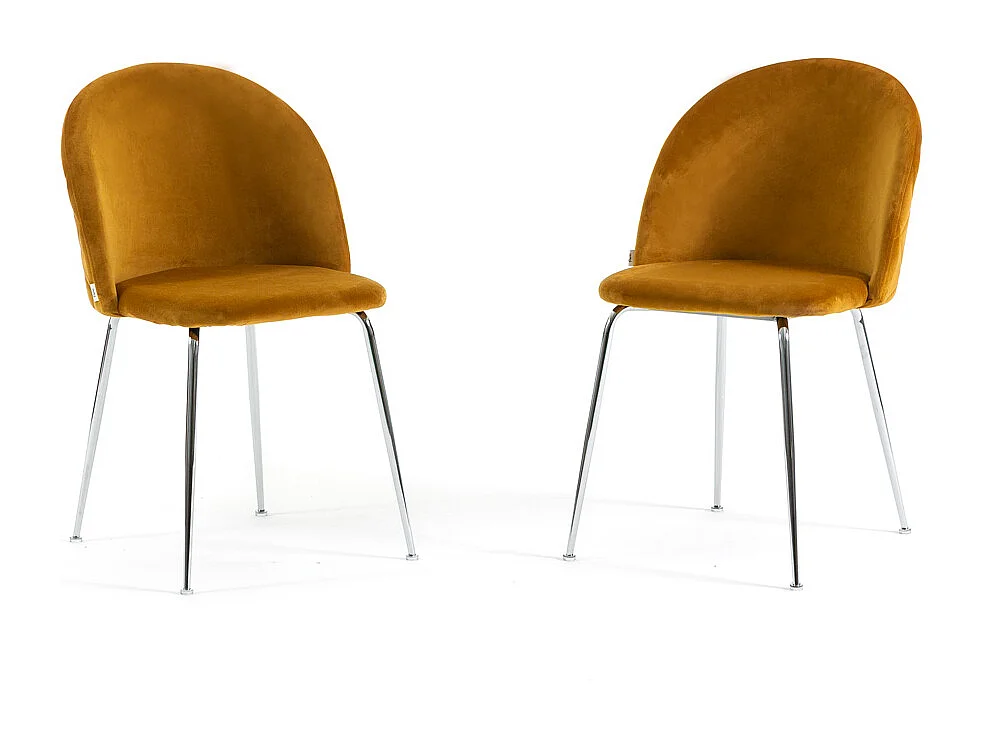 Lot de 2 chaises en velours avec pieds en métal, design élégant pour cuisine, salle à manger, bar ou restaurant – Sara – Moutarde/Argent